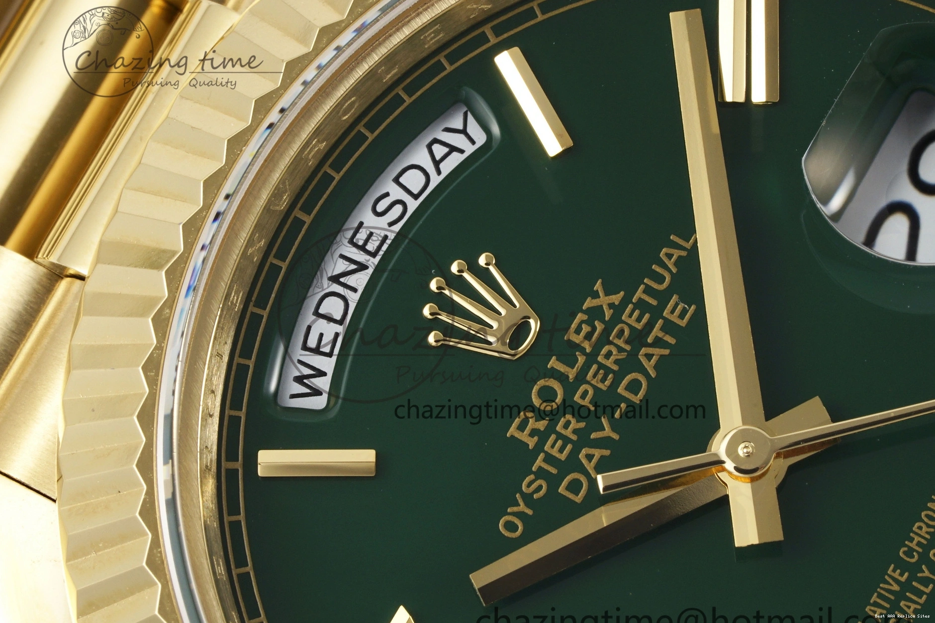 AAA Replica Watches 904L A2836 Green Gain Bracelet EasyMatch YG on V Roman 40 JDF DayDate Dial Markers Weight Steel 1822 President 0109